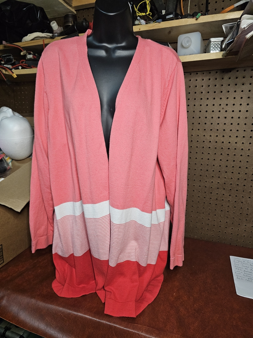 Denim & Co Border Stripe Open Front Long Sleeve Cardigan Warm Coral 2x